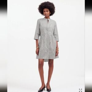 Madewell Dark Carob Stripe Babydoll Buttoned Shirt Dress 3/4 Roll Tab Sleeves XL
